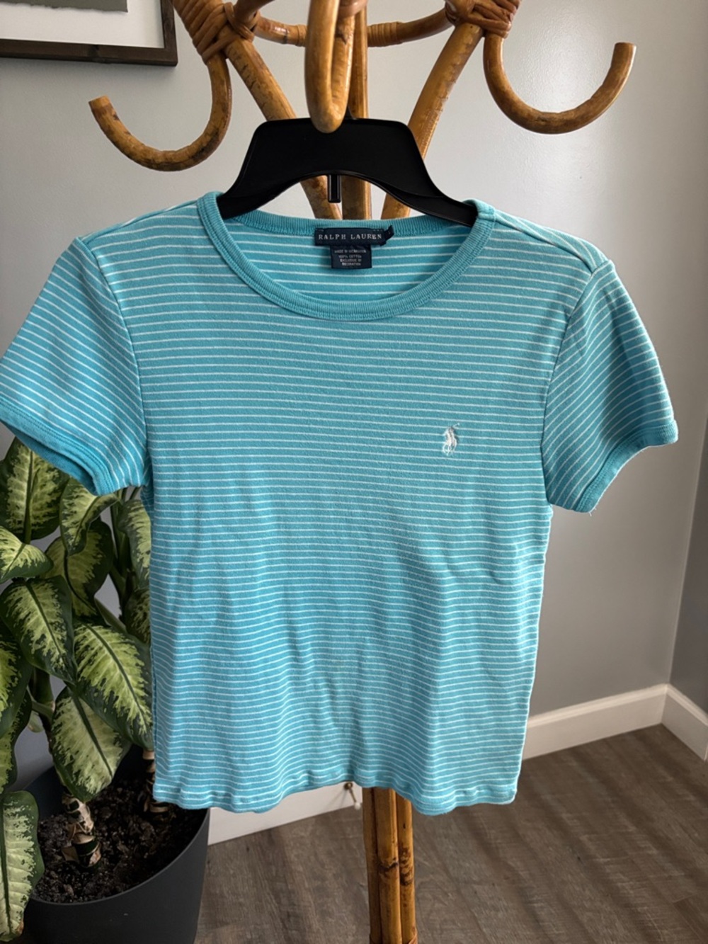Ralph Lauren Turquoise and White Striped Crewneck Tee